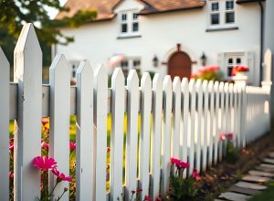 White picket fence in front of a colonial-style home