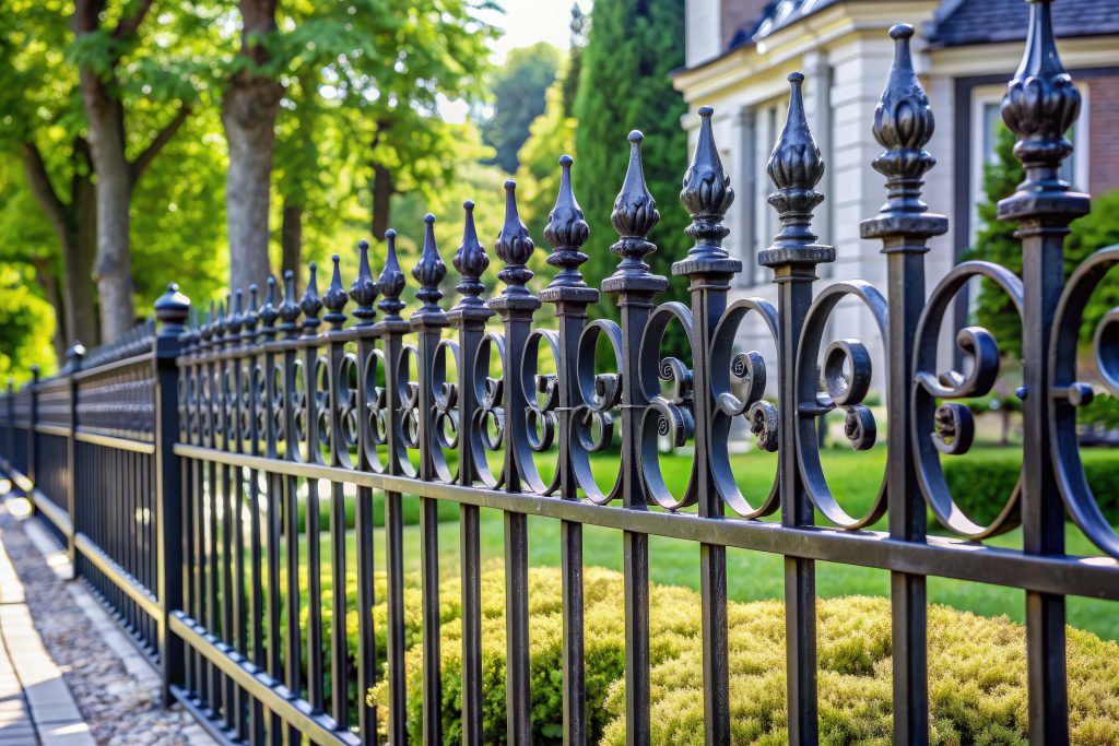 Wrought iron fence surrounding a lush green garden.